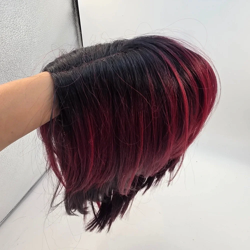 Short Burgundy Red Ombre Bob Wig Lace Front Black Roots Straight Synthetic Hair